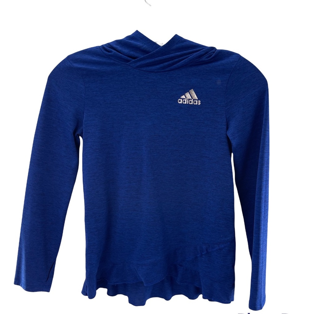 Adidas Athletic Long Sleeve Ruffled Hem Hooded Pullover Shirt Girl's Size Small